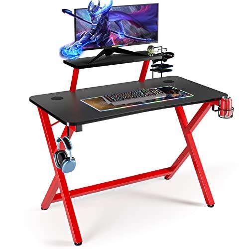 TIQLAB Scrivania Gaming 119cm Con Luci LED E Presa USB - Tavolo PC Con Ripiani E Cassetto, Bianco Fibra Di Carbonio