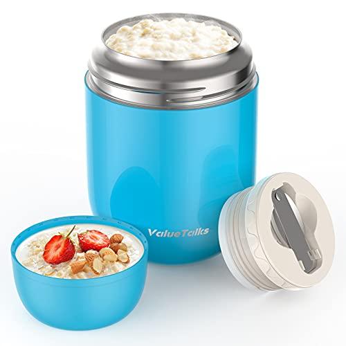 ValueTalks Thermos Alimenti 450ML,Vuoto Isolato Acciaio Inossidabile Thermos  Acciaio con un Cucchiaio Pieghevole (Blu)