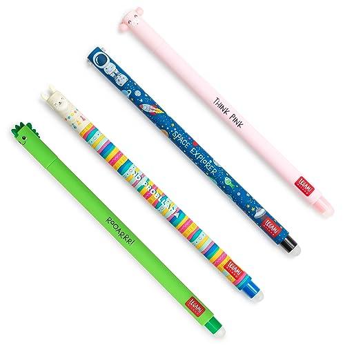 Legami - Set di 4 Penne Gel Cancellabili, Temi Dino, Piggy, Space